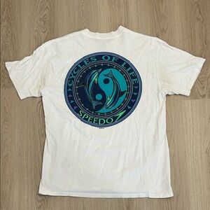 1995 Vintage Speedo White Surf Tee with Blue and Green Dolphin Design size XL